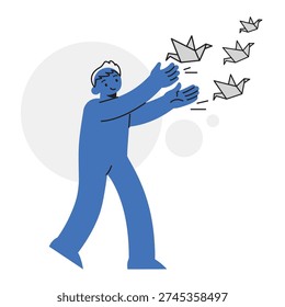 Man Character Releasing Birds Representing Market Expansion and Information Dissemination Concept. Character Vector illustration design.