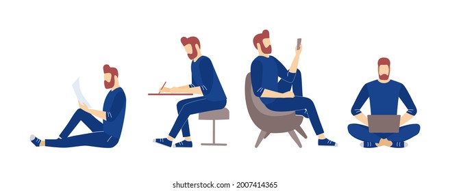 Man character remote studying, blog journal writing, relaxed freelance working vector illustration. Guy reading paper, writing by hand, sitting with smartphone, working at laptop