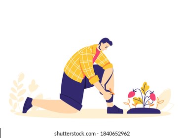 The man character is removes weeds from the garden bed. Hobby gardener. Illustration in modern flat style. Isolated on white background