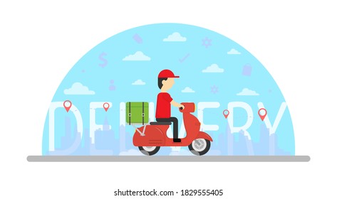 Man character ride motorcycle with city scape background surround Payment and Business symbols with delivery text. Goods delivery. Shopping online. Technology concept. 
Transportations concept. 