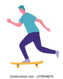man character riding longboard skateboard. Urban citizen character. Concept illustration with colored characters. Flat cartoon style