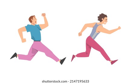 Man Character Running in a Hurry and Hasten Somewhere Vector Set