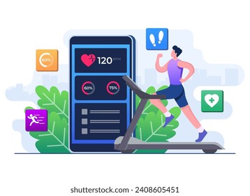 Carácter de hombre corriendo en una cinta de correr, aplicación móvil de seguimiento Fitness plantilla de ilustración plana, trabajo inteligente, entrenamiento, ejercicios deportivos, Monitoreo de la frecuencia cardíaca en la aplicación de fitness en un smartphone