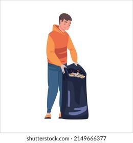 Man Character with Sack Collecting Garbage Cleaning Street Vector Illustration