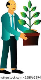 Man character save plant save environment flower pot vas save tree green earth