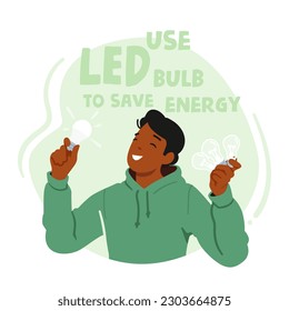 Man Character Saves Energy Using Led Bulb, Efficient And Sustainable Solution For Lighting That Reduces Electricity Consumption And Lowers Carbon Emissions. Cartoon People Vector Illustration, Poster