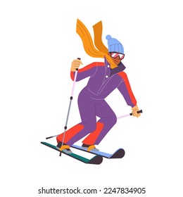 Man Character in Scarf Skiing at Mountain Ski Resort in Winter Season Vector Illustration