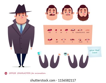 Man character for scenes. Parts of body template for design work and animation. Funny office boy cartoon. Vector illustration isolated on white background. Set for character speaks animations.