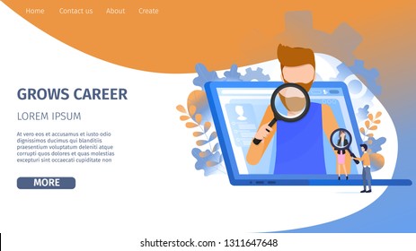 Man Character Search Career Growth Opportunity. Online Recruitment on Laptop. Hr Person Look for Candidate Presentation with Magnifier Banner Flat Cartoon Vector Character Illustration