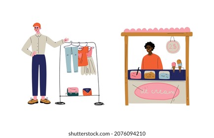 Man Character Selling Goods At Marketplace Or Flea Market Vector Illustration Set