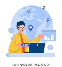 A man character with SEO settings for global market vector illustration vector illustration