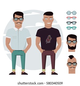 Man character set accessories, body parts, sunglasses. Cartoon male for graphic design, Web site, social media, user interface, mobile app.