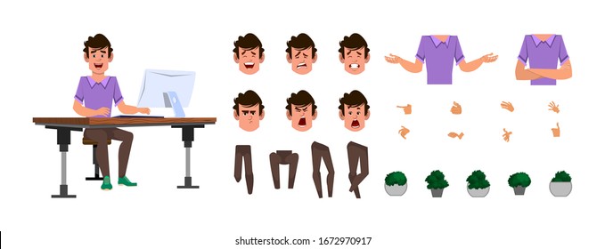 man character set. casual worker boy character set for animation or motion with different facial emotions and hands