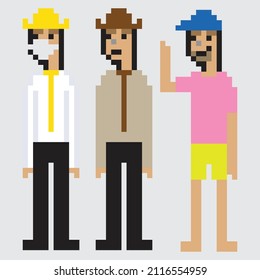 Juego de caracteres del hombre. Estilo de arte de la Pixel. Activos de juego. Avatar, retrato, foto de perfil. 8 bits. Ilustración vectorial aislada.