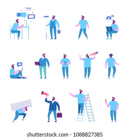 Man character set. Teamwork. Working together in the company. Brainstorming, searching for new ideas solutions. Flat vector illustration isolated on white.