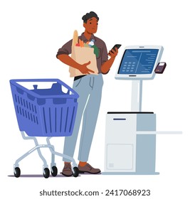 Man Character Shops For Groceries, Selects Items, Scans At Self-service Terminal, Bags Full of Purchases. Efficient Routine Streamlines The Shopping Process. Cartoon People Vector Illustration