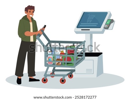 Man Character Shops For Groceries, Selects Items, Scans At Self-service Terminal, Bags Full of Purchases. Efficient Routine Streamlines The Shopping Process. Cartoon People Vector Illustration.