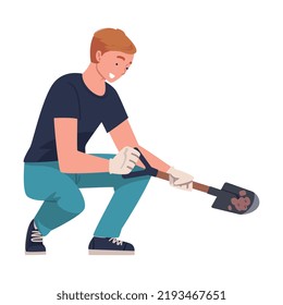 Man Character with Shovel or Spade Engaged in Soil Digging for Planting Tree Sapling Vector Illustration
