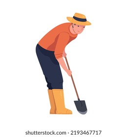 Man Character with Shovel or Spade Engaged in Soil Digging for Planting Tree Sapling Vector Illustration