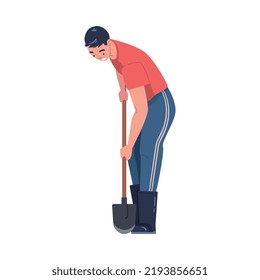 Man Character with Shovel or Spade Engaged in Soil Digging for Planting Tree Sapling Vector Illustration