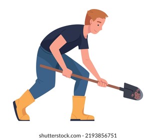 Man Character with Shovel or Spade Engaged in Soil Digging for Planting Tree Sapling Vector Illustration