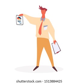 Man character showing diagram report on paper documents. Employee successful organizing in tasks appointments, business industry and success of work. Worker holding reminder with graph symbol vector