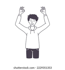Man Character Showing Ok Positive Hand Gesture Outline Vector Illustration