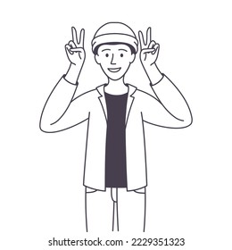 Man Character Showing V Peace Sign as Positive Hand Gesture Outline Vector Illustration