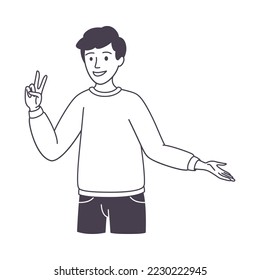 Man Character Showing V Peace Sign as Positive Hand Gesture Outline Vector Illustration