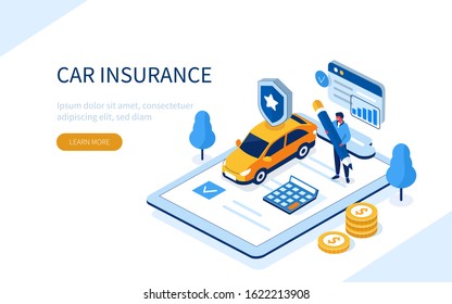 Man Character Signing Car Insurance Policy Form. Insurance Agent Providing Security Document. Auto Care And Protection Concept. Flat Isometric Illustration.