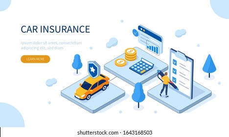Man Character Signing Car Insurance Policy Form. Insurance Agent providing Security Document. Auto Care and Protection Concept. Flat Isometric Illustration.