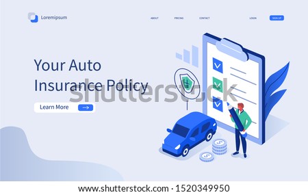 Man Character Signing Car Insurance Policy Form. Insurance Agent providing Security Document. Auto Care and Protection Concept. Flat Isometric Vector Illustration.