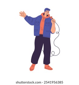 Personaje de hombre cantando con micrófono Disfrutar de la Ilustración vectorial de Karaoke