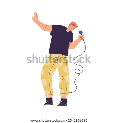 Man Character Singing with Microphone Enjoy Karaoke Vector Illustration