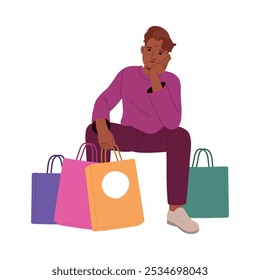 Man Character sit with Bags Thinking Choosing Clothes at Shop or Fashion Store Vector Illustration