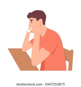 Hombre personaje sentado aburrido y cansado. Vector de estilo plano