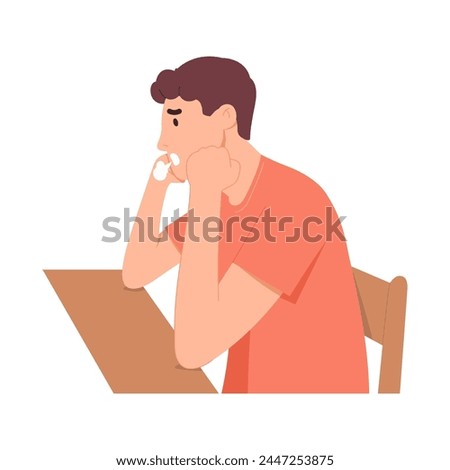 Man character sitting bored and tired. Flat style vector