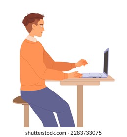 Man Character Sitting at Desk with Laptop Working in Coworking Space Vector Illustration