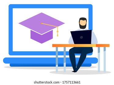Carácter humano sentado en el escritorio y comunicándose con el dispositivo portátil. Monitor de computadora con ese símbolo educativo. Hombre trabajador que usa pc para estudiar o entrenar en línea obtener el mejor vector de servicio