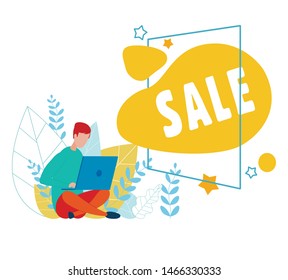 Man Character Sitting with Laptop and Sale Advert in Frame Cartoon. Social Marketing and Discount Searching. Online Shopping. Digital Application. Vector Flat Illustration with Plants Foliage Design