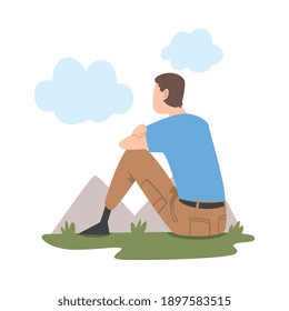 Man Character Sitting and Looking Ahead as into Bright Future Vector Illustration