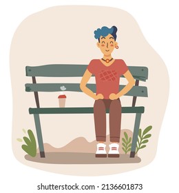 Man character sitting on a bench with coffee or tea cup beverage in the park. Flat cartoon vector illustration in trendy warm beige palette.