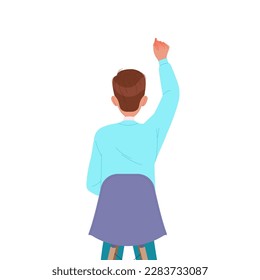 Man Character Sitting on Chair with Raised Up Hand Back View Working in Coworking Space Vector Illustration