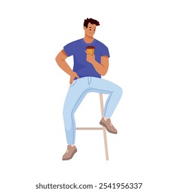 Man Character Sitting on Chair with Coffee Cup Vector Illustration