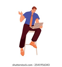 Man Character Sitting on Chair with Laptop and Gesture Vector Illustration
