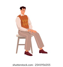 Man Character Sitting on Chair and Listen Vector Illustration