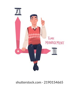 Man Character Sitting on Clock Hand Planning Time and Event Managing Schedule Vector Illustration