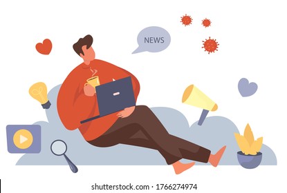 Personajes de hombre sentados en la nube en la máscara médica viendo noticias globales o falsas sobre el Coronavirus en la laptop.Nube de noticias y comunicación a través de Internet.Redes de medios sociales.Ilustración vectorial plana