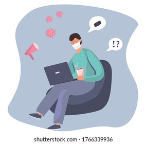 Man Character Sitting on Couch in Medical Mask Watching the Global or Fake News about Coronavirus on Laptop or TV at Home.
Social Media Networking and Loudspeaker News. Flat Vector Illustration