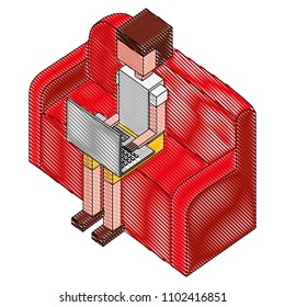 man character sitting on sofa using laptop isometric image